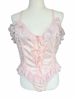 Vintage Delicates Pastel Baby Pink Lace Bodysuit Teddy Lingerie Size Large